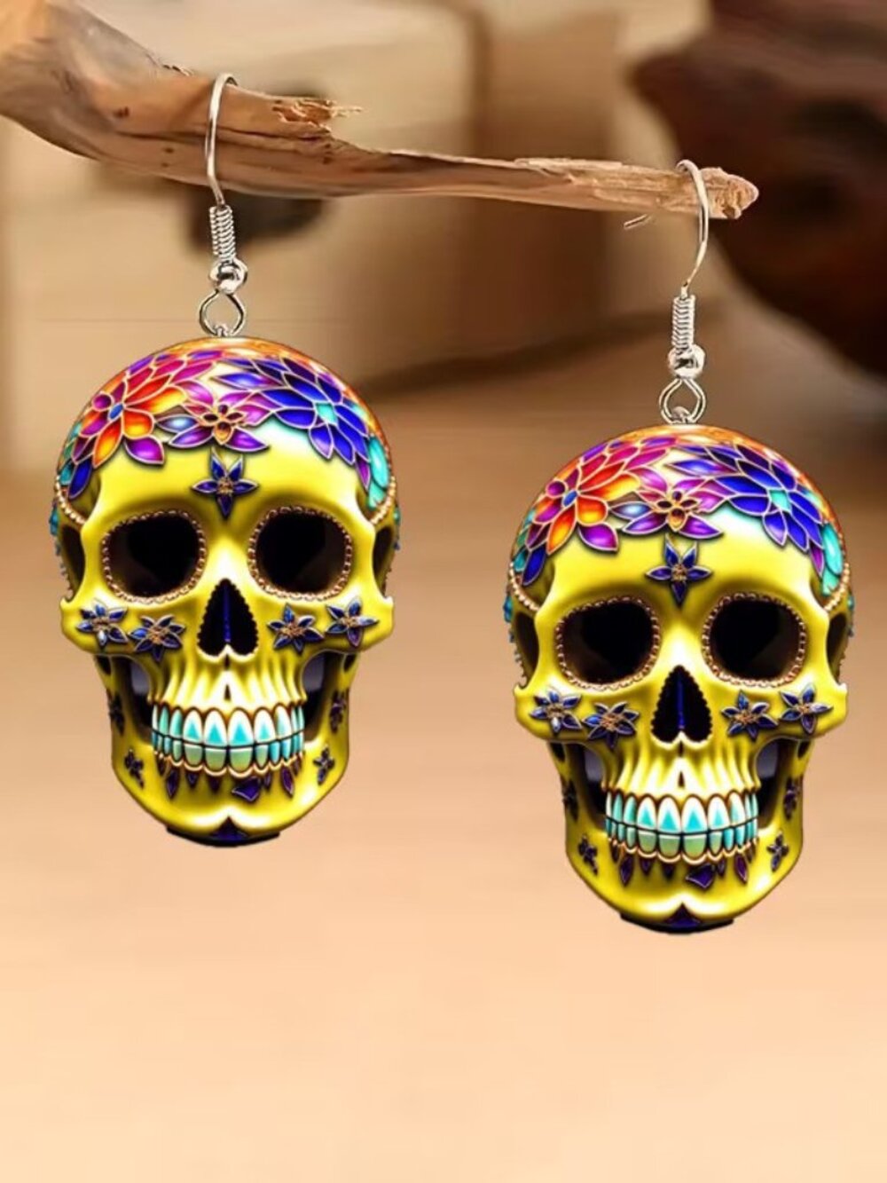Halloween Punk Day of the Dead Gothic Colorful Flower Patterned Skull Earrings